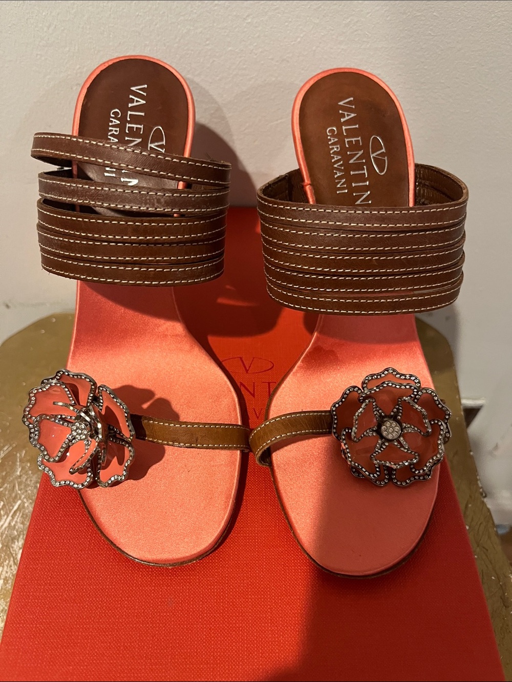 Valentino Garavani Coral and Brown Floral-Embellished Slide Sandals